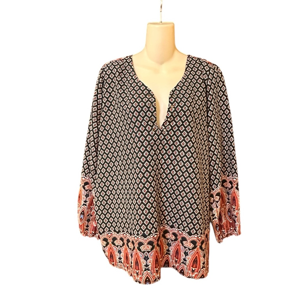 Time To Bloom - 2X Tunic Top - V-neck With Tie - 3/4 Sleeves - 100% Polyester